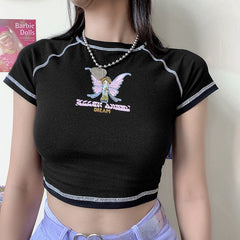 Contrast print short sleeve stitch hollow out crewneck crop top