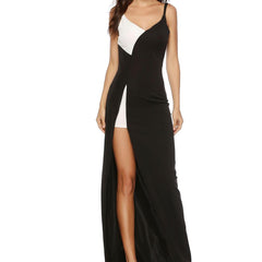 V Neck Black and White Split Long Evening Dress