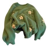Cottagecore Floral Embroidery Green Sweater
