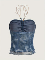 Tie-Dye Pleated Beaded Halter Top