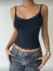 Lace hem contrast v neck backless cami crop top