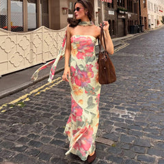 Slim-fit scarf-neck halter-back printed dress