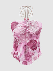 Tie-Dye Pleated Beaded Halter Top