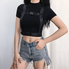 Dark School Bag Button Navel-Baring Short-Sleeved T-Shirt Top