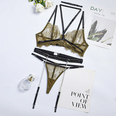 Sheer Lash Lace Embroidery Metal Chain Sexy Lingerie Set