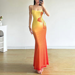 Gradient square neck backless contrast 2-way cami midi dress