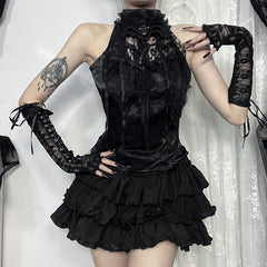 Gothic Pleated Rose Suspender Spider Web Bow Tie Top