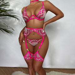 New Wings Embroidery Sexy Lingerie Set Hot Pink