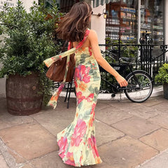 Slim-fit scarf-neck halter-back printed dress