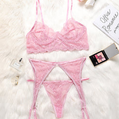 Ultra-Thin Cup Lace Three-Piece Sexy Erotic Lingerie Set