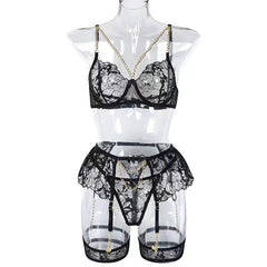 Metal Chain Lace Embroidered Eyelashes Lingerie Set