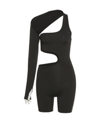 One shoulder solid irregular hollow out high neck romper
