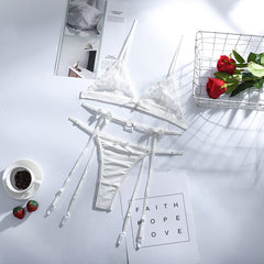 Lace Trim Bow Sexy Sheer Lingerie Set