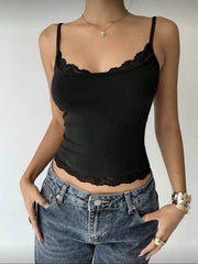 Lace hem contrast v neck backless cami crop top