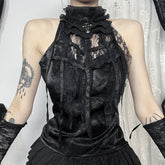 Gothic Pleated Rose Suspender Spider Web Bow Tie Top