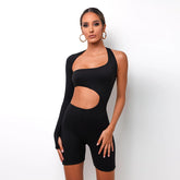 One shoulder solid irregular hollow out high neck romper