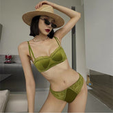 Satin Thin Push Up Bra Sexy Lace Trim Lingerie Set