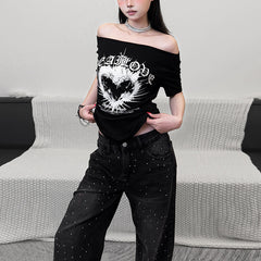 Vintage Heart Relationship Print Boat Neck Top