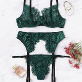 Eyelash Lace Embroidery Satin Sheer Sexy Lingerie Set