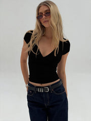 Sleeved Deep V-Neck T-Shirt For Going Out Short