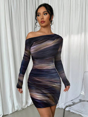 Stitch sheer mesh see through abstract off shoulder mini dress