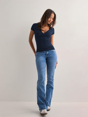 Sleeved Deep V-Neck T-Shirt For Going Out Short