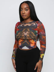 Long sleeve sheer mesh crewneck zebra print contrast top