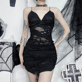 Dark Ragged Slim Fit Slit Hip-hugging Suspender Dress