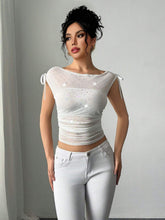 YK2 Sequined Mesh Bow Ruffle T-shirt