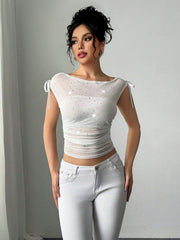 YK2 Sequined Mesh Bow Ruffle T-shirt