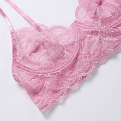 Ultra-Thin Cup Lace Three-Piece Sexy Erotic Lingerie Set