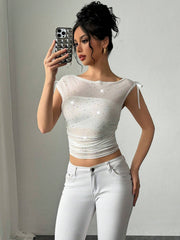 YK2 Sequined Mesh Bow Ruffle T-shirt