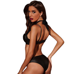 PU Leather Halter Deep V Hollow Out Sexy Lingerie Set