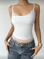 Lace hem contrast v neck backless cami crop top