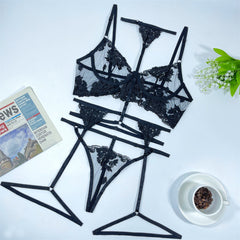 Embroidery Lace Halter Strappy Sexy Lingerie Set