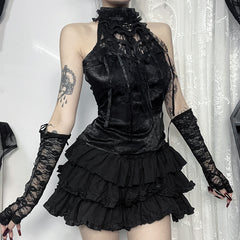 Gothic Pleated Rose Suspender Spider Web Bow Tie Top