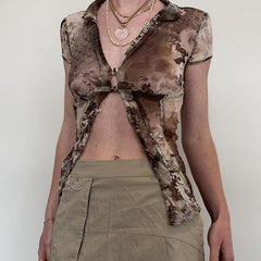 Stitch abstract print sleeveless hollow out o ring crop top