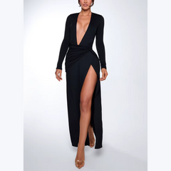 Xanthe - Black Deep V Neck Maxi Dress