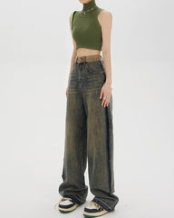 Washed Brown Jeans with Contrast Pocket