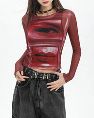 Eye & Lips Print Mesh Top in Red