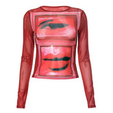 Eye & Lips Print Mesh Top in Red