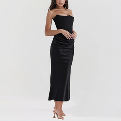 Viviana - Black Strapless Faux Suede Corset & Satin Dress