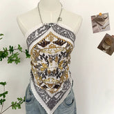 Halter abstract self tie backless contrast top