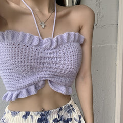 Ribbed contrast halter cross front drawstring backless crop top - Final Sale