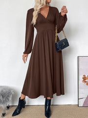 V-Neck Balloon Sleeve Midi Dress