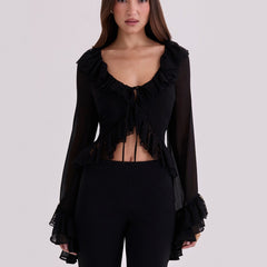 Textured long sleeve ruffle self tie solid crop top