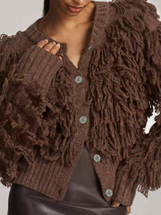 Knitted solid long sleeve tassels coat top