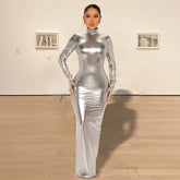 Metallic long sleeve high neck gloves backless ruched maxi dress