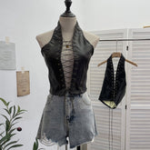 Lace up PU leather contrast halter buckle backless top