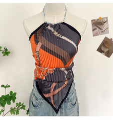 Halter abstract self tie backless contrast top